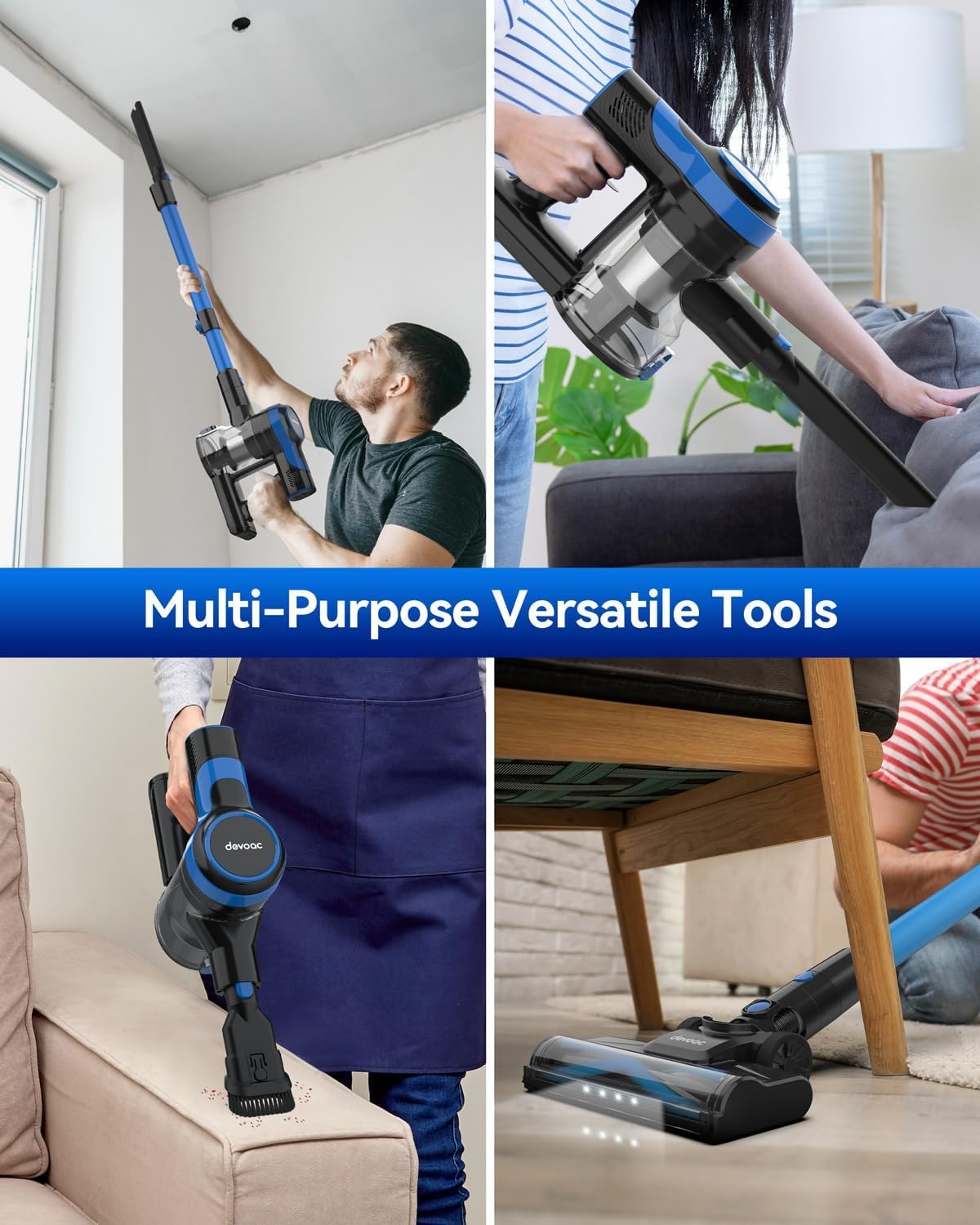 DEVOAC Cordless Vacuum Cleaner, Lightweight with Rechargeable Battery, Convenient 6 in 1 Handheld Stick Vacuum Cleaner with Powerful Suction for Carpet Hard Floor Pet Hair Home