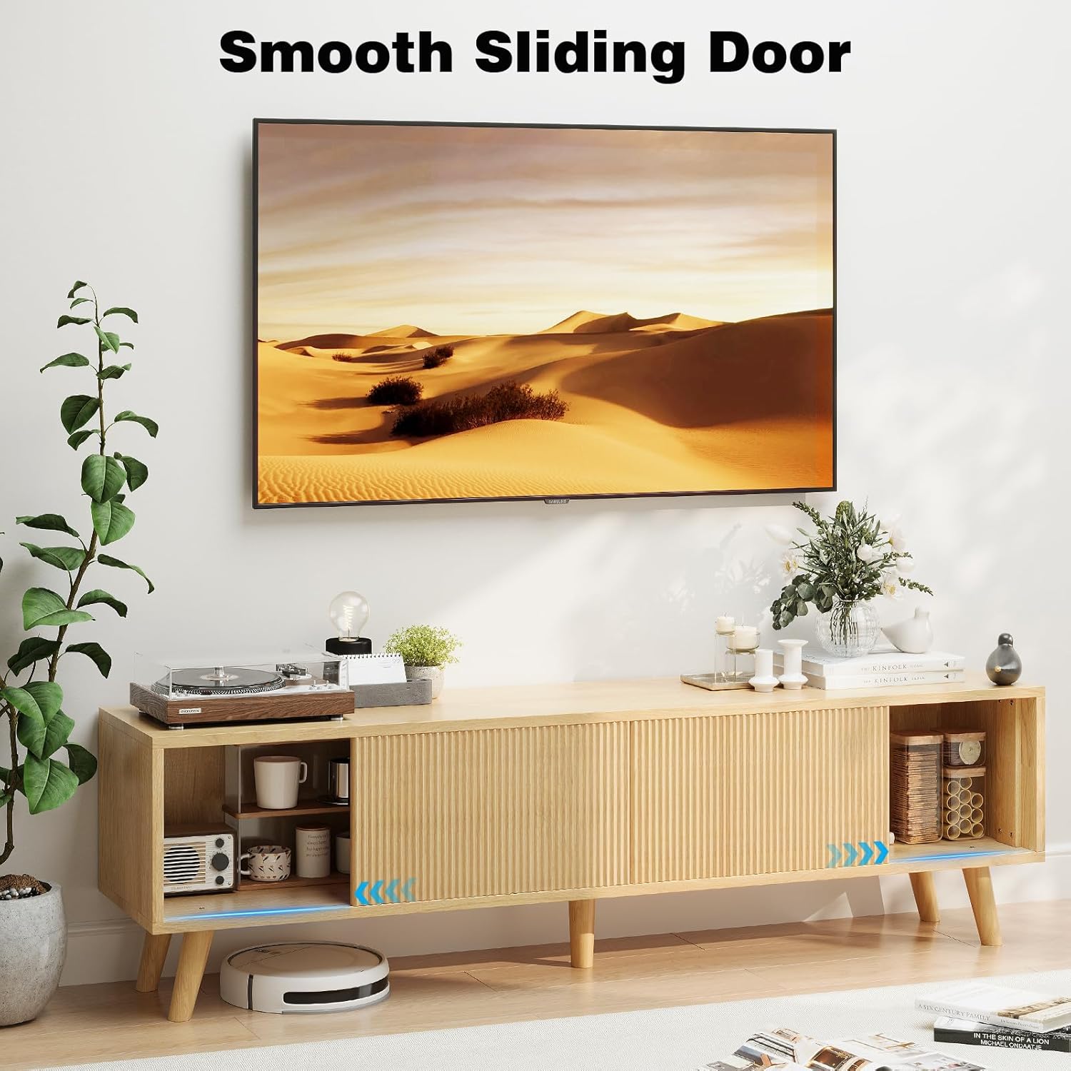 TV Stand for TVs Up to 75 Inches, Boho Entertainment Center Wood TV Stand with Fluted Sliding Doors & Shelves, TV Console Table Media Cabinet with Storage for Living Room Bedroom, Natural