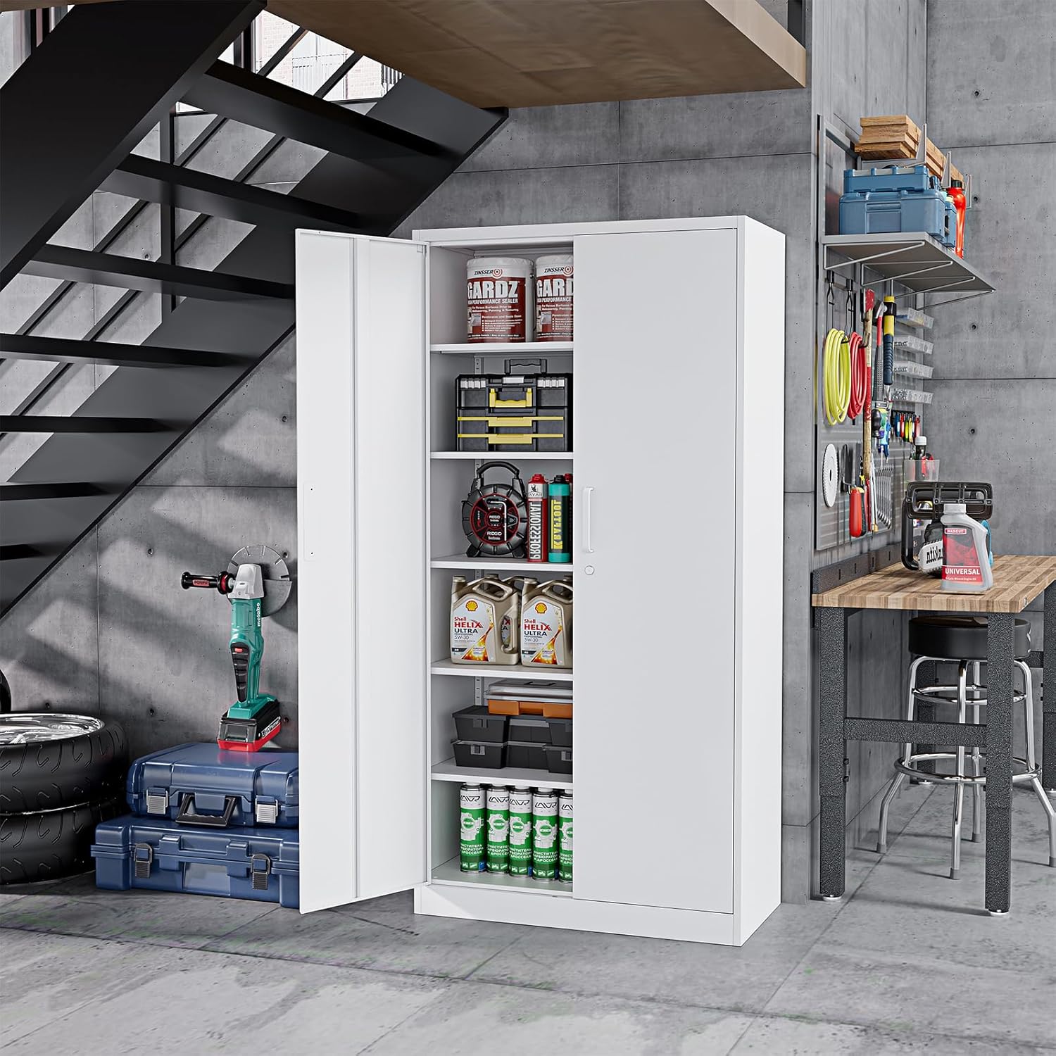 Metal Storage Cabinet with Lock，71'' Garage Storage Cabinet with 5 Adjustable Shelves, Tall Tool Cabinets for Garage, Home, Office, Gym, School，White