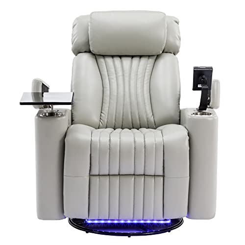 Power Swivel Rocker Recliner Chair, Modern PU Leather Lounge Chair with 360° Swivel Tray Table & Phone Holder & LED Light Strip & USB Charging Port & Cup Holders, Home Theater Single Sofa Chair, Grey