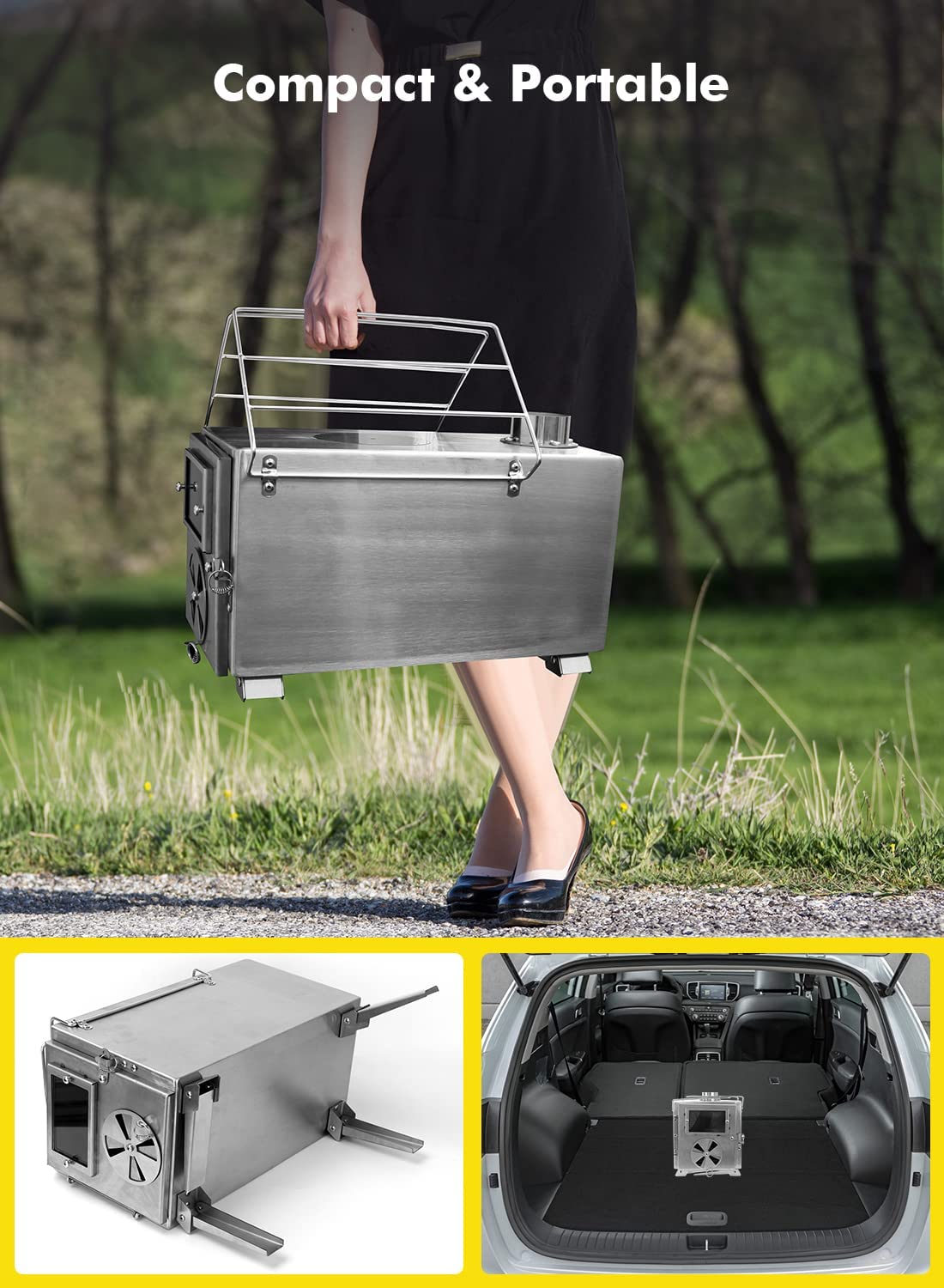 Camping Stove for Hot Tents, QCAI 304 Stainless Steel Wood Burning Stove with Stainless Wall Chimney Pipes for Tents, Shelter, Outdoor Portable Stove for Camping Heating and Cooking