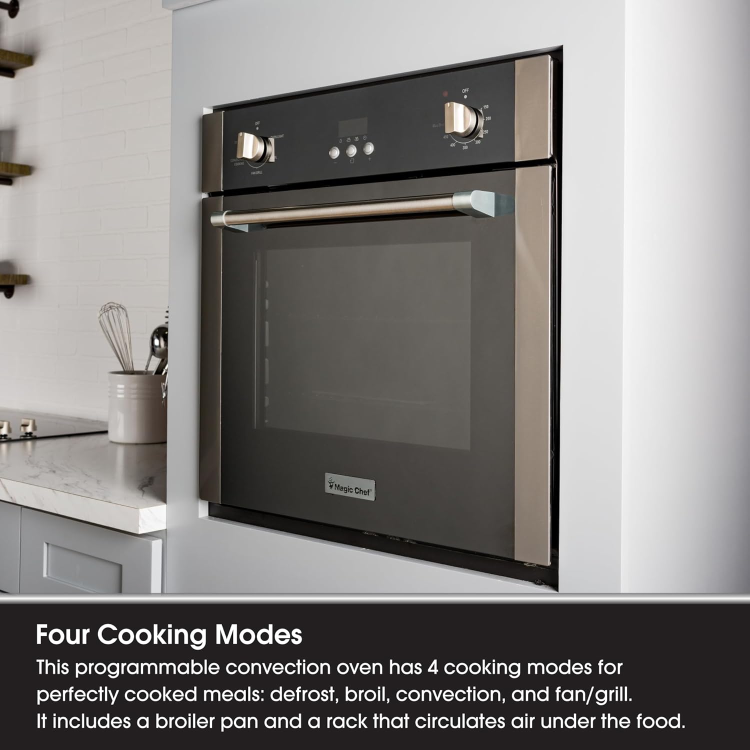 Magic Chef Single Electric Wall Oven w/ Convection Feature, Wall-Mounted Convection Oven for Cooking & Baking, 24", 2.2 Cubic Feet, Stainless Steel