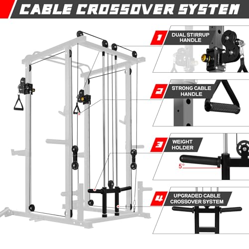RitFit Multi-Function Squat Rack Power Cage PPC03 with Cable Crossover System, 1000LBS Capacity Power Rack and Packages with Optional Weight Bench, Barbell Weight Set, for Garage Workout & Home Gym