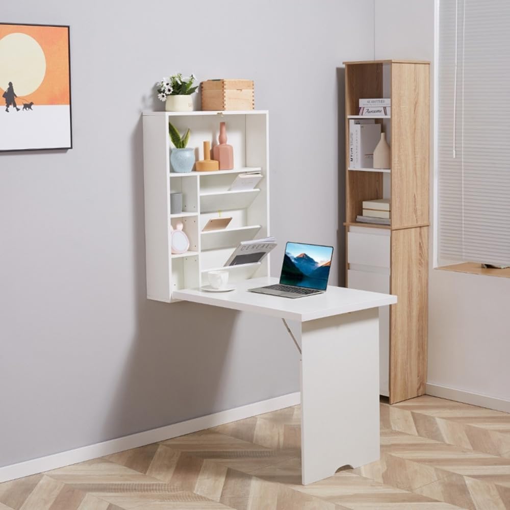 Wall Mounted Desk, Fold Out Convertible Floating Desk, Space Saving Computer Desk Hanging Table with Storage Area,White