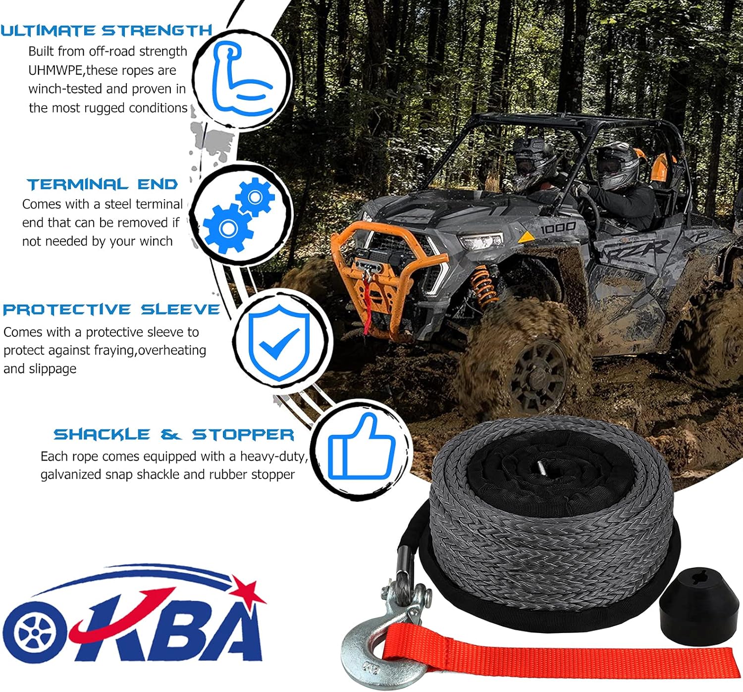 OKBA Synthetic Winch Rope Kit 1/4" x 50' - 8200 Ibs Winch Cable Line Rope Accessories Kit w Rope Snap Hook and Rubber Stopper for 4x4 Off Road Vehicle ATV UTV Polaris UTV