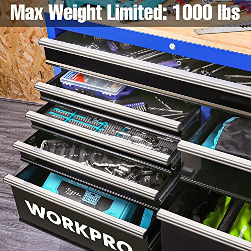 WORKPRO 46-Inch 9-Drawers Rolling Tool Chest, Mobile Tool Storage Cabinet with Wooden Top, Equipped with Casters, Handle, Drawer Liner, and Locking System, 1200 lbs Load Capacity