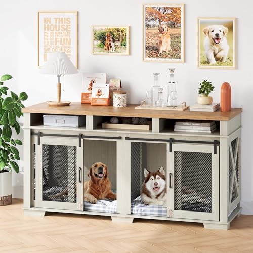 71" Dog Crate Furniture for 2 Dogs, Dog Kennel with 3 Storage Drawers & Removable Divider, Extra Large Double Dog Cage As TV Stand, Furniture Style Dog Crates with Sliding Barn Door