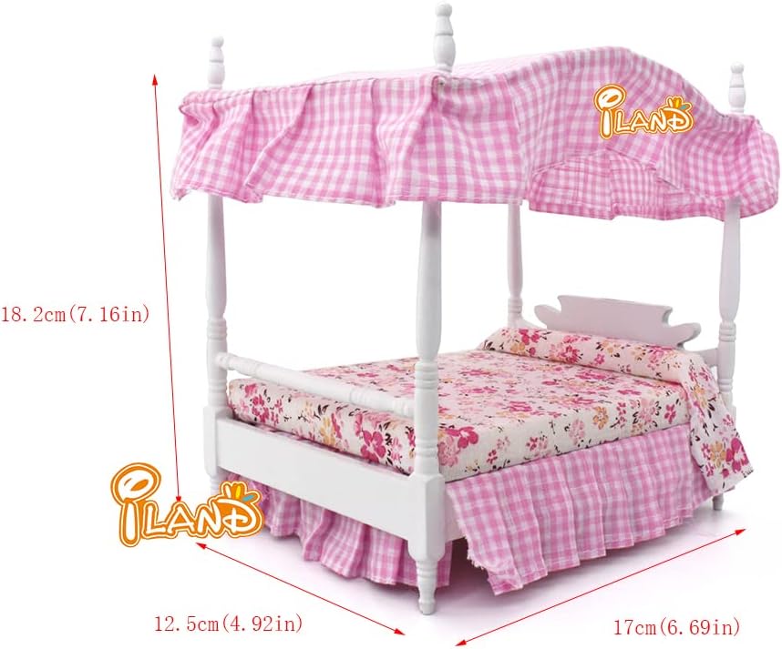 iLAND Dollhouse Furniture of Miniatures Pink Dollhouse Bedroom on 1/12 Scale for Girls, Dollhouse Bed w/ Piano (Sweet Doll Furniture 6pcs)