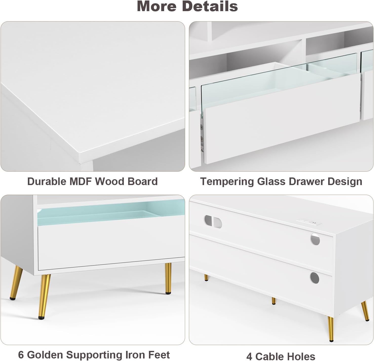 TV Stand 65 inch with LED Light and Power Socket, Modern TV Stand with 3 Drawers, Entertainment Center, Living Room TV Stand for 75 inch TV, White