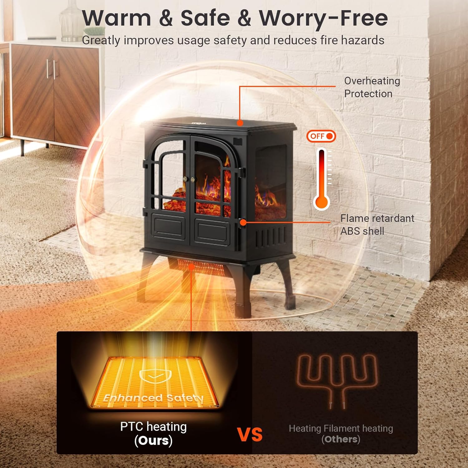 24'' Electric Fireplace Heater, Fire Places Stove with Remote Control, 3D Realistic Flame, Overheating Safety Protection, Timer, 5 Flame Brightness, 2 Heating Mode 750/1500W for Home