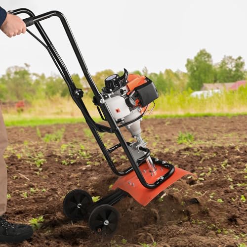 VEVOR Tiller Cultivator Gas Powered, 43CC 2-Stroke Garden Cultivator, Tiller with 4 Steel Adjustable Front Tines for Lawn, Garden and Field Soil Cultivation