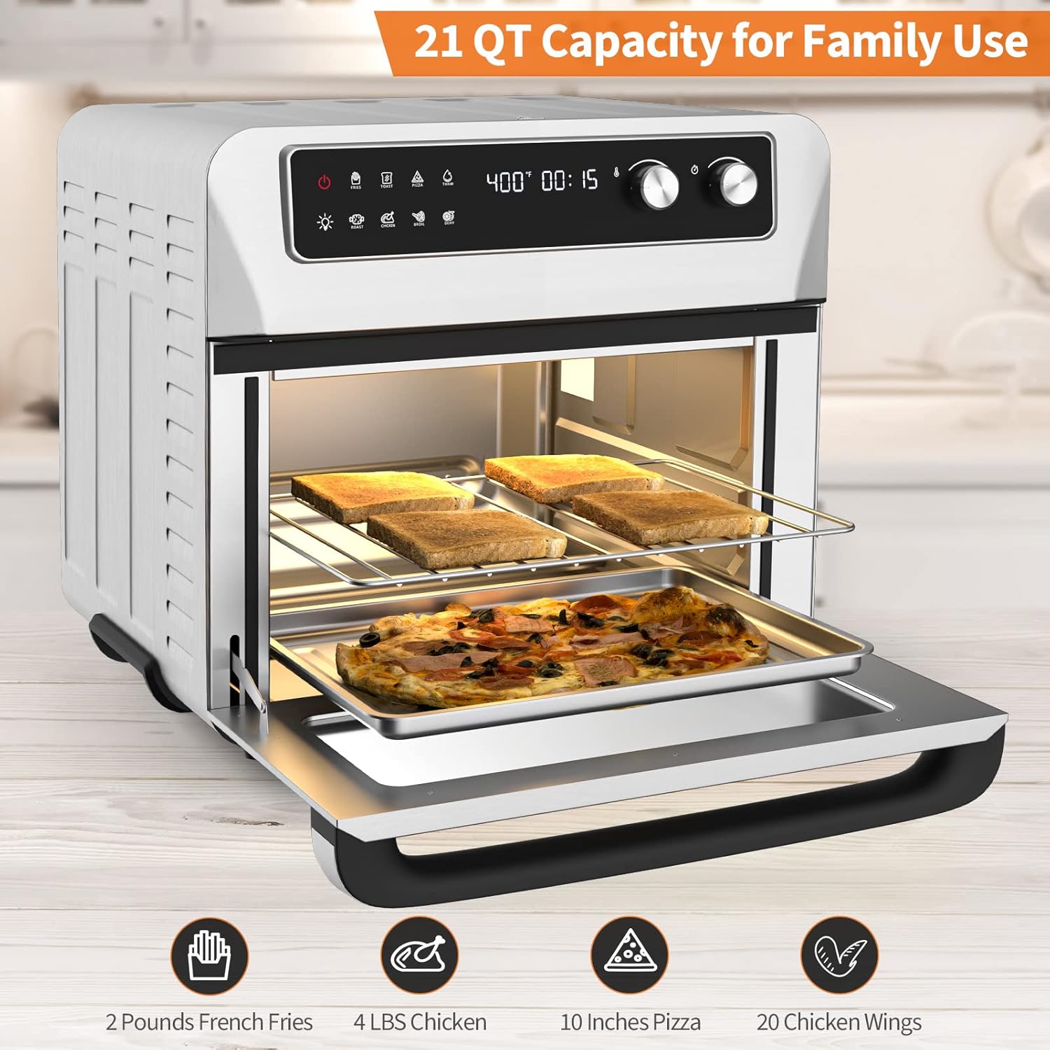 COSTWAY Air Fryer Toaster Oven, 21 QT Toaster Oven Air Fryer Combo with 8 Preset Functions, Smart Control Panel & LCD Display, Reminder Ring, Crumb Tray, 5 Accessories & Recipe Included, 1800W, Silver