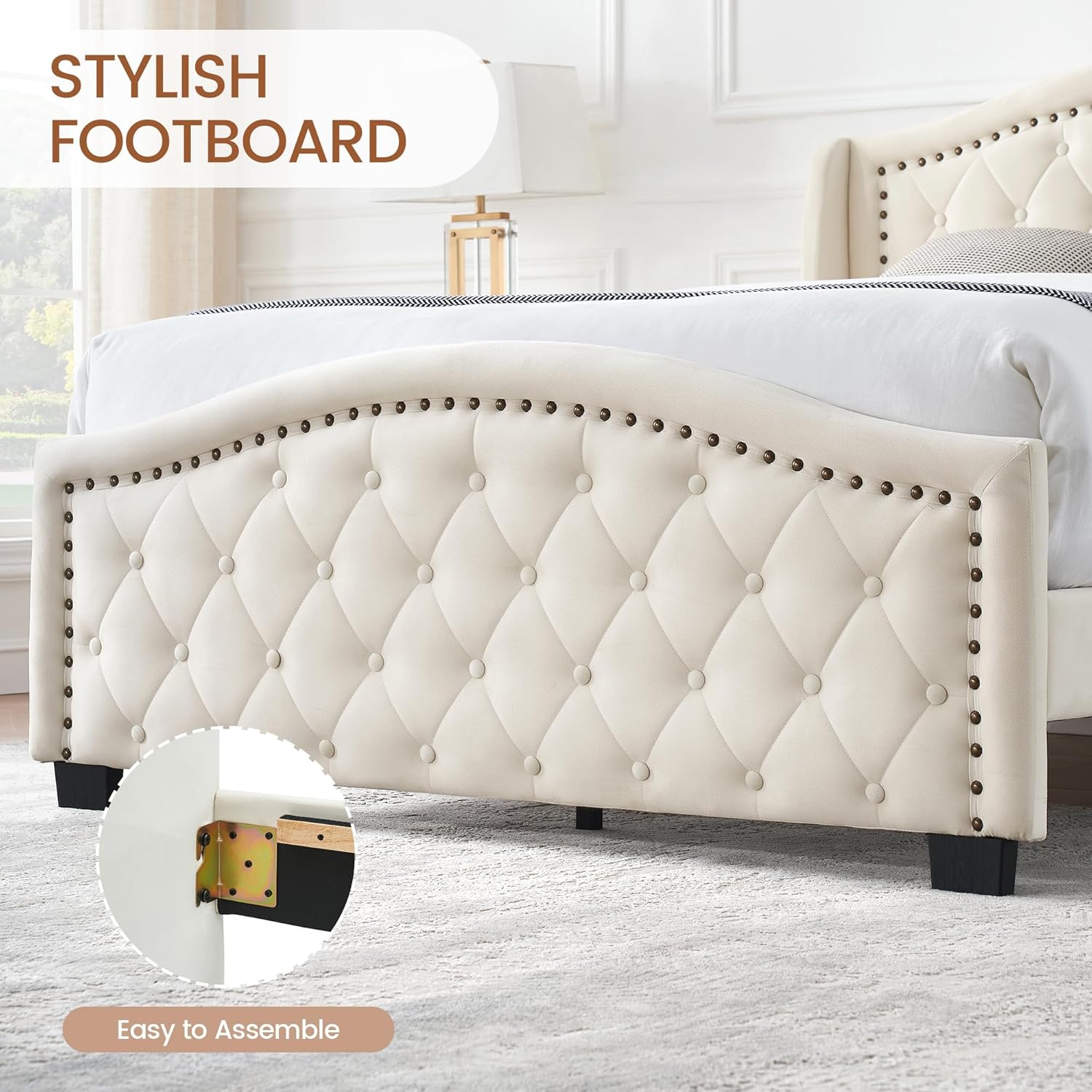 GAOMON Queen Size Upholstered Platform Bed Frame with Tall Headboard, Luxurious Velvet Button Tufted and Nailhead Trim Wingback, Arched Footboard, No Box Spring Needed, Beige