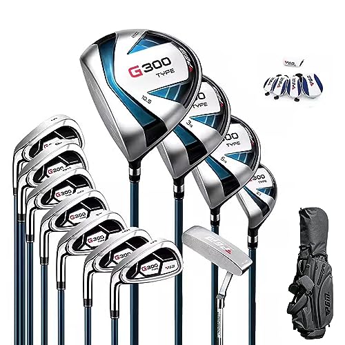 PGM Men's Complete Golf Club Sets - 12 Pieces - 3 Wood (#1,3,5), 1 Hybrid (#4H), 6 Irons(#5,6,7,8,9,PW), 1 Sand Wedge (55°), 1 Putter - Golf Stand Bag - Titanium Club Head
