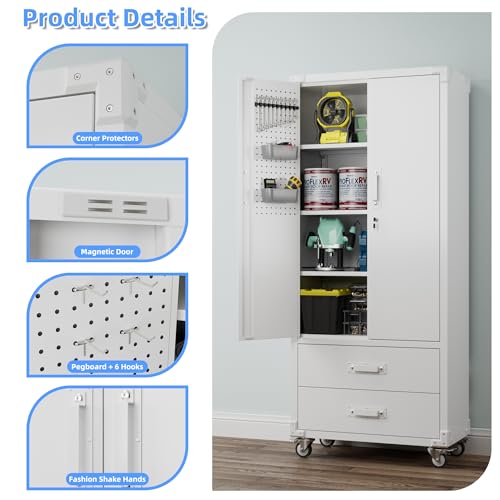 Aobabo 73''H Metal Garage Storage Cabinet with Wheels and Pegboards, 4 Adjustable Shelves Steel Storage Cabinets for Home,Warehouse,Garage,Assembly Required,White