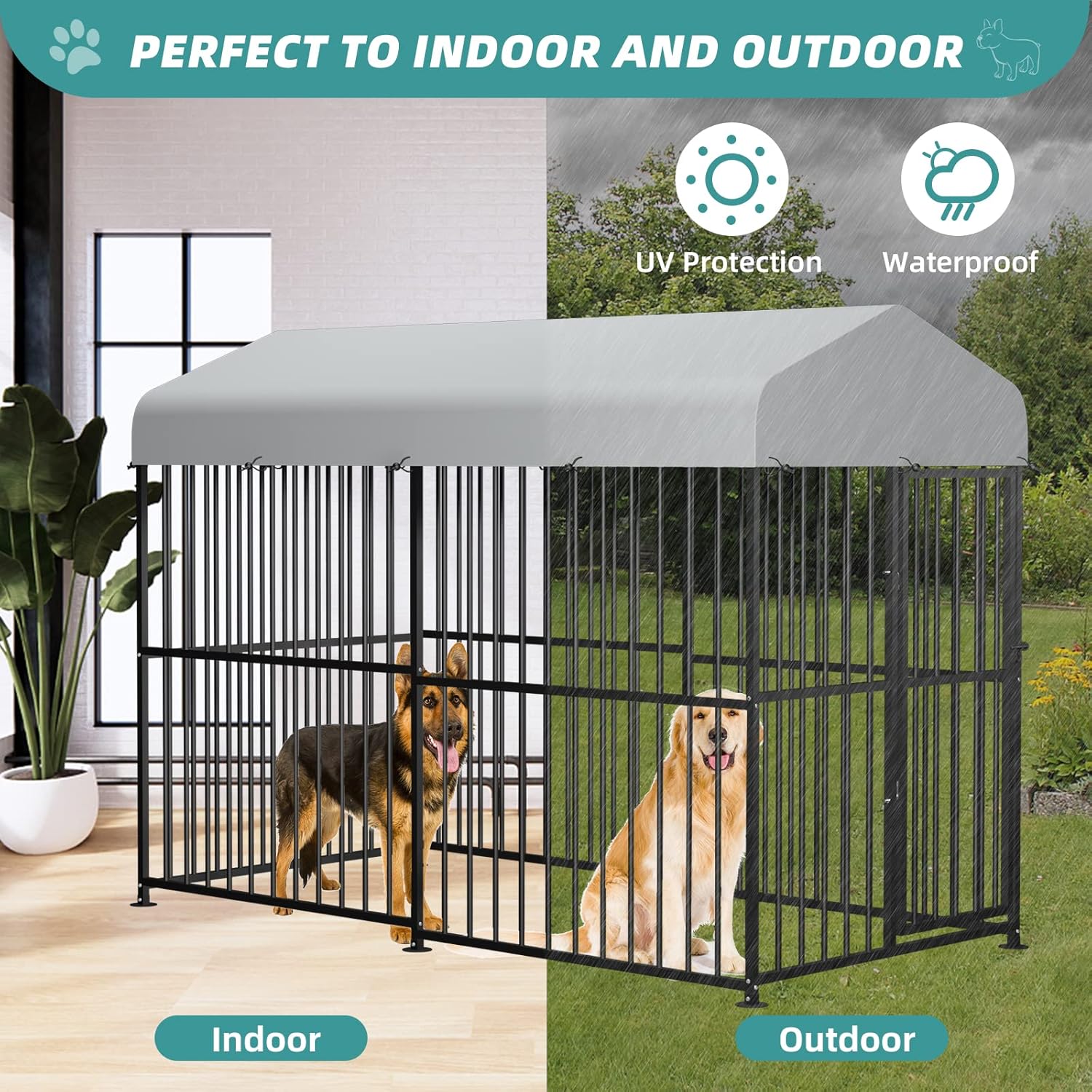 MEETWARM Large Outdoor Dog Kennel, Metal Heavy Duty Outdoor Indoor Pet Playpen, Anti-Rust Outdoor Dog Fence Dog Pens with Anti-UV & Waterproof Top Cover and Secure Lock for Backyard, 4'L x 8'W x 6'H