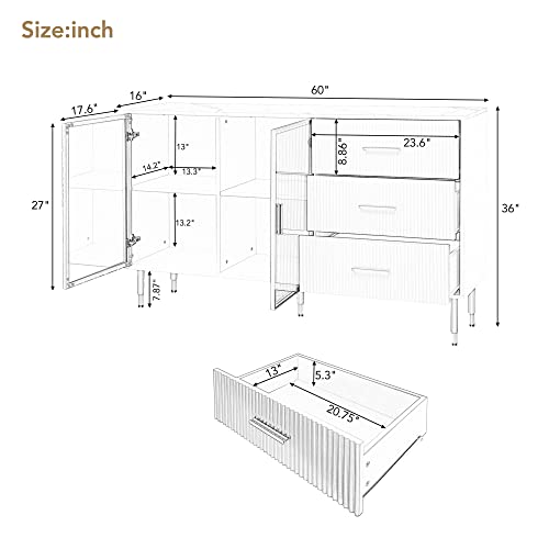 Sideboard Storage Cabinet, Modern 60'' Sideboard Large Storage Buffet Cabinet, Console Table Buffet Cabinet with Gold Metal Legs and Tempered Glass Doors for Living Room Kitchen Entryway (White)