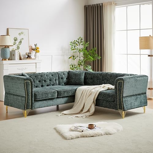 81.5”Chesterfield Sectional Sofa, Chenille Corner Sofa, L-Shaped Sectional Couch, 5-Seater Corner Sofas with 3 Cushions for Living Room, Bedroom, Apartment, Office (Gray)