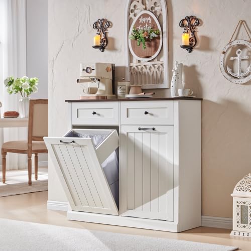 Tilt Out Laundry Hamper Cabinet, 10 Gallon Farmhouse Trash Can Cabinet with Drawer, Hidden Wood Garbage Can Bin Cabinet with Laundry Storage Basket for Bathroom, Kitchen, White