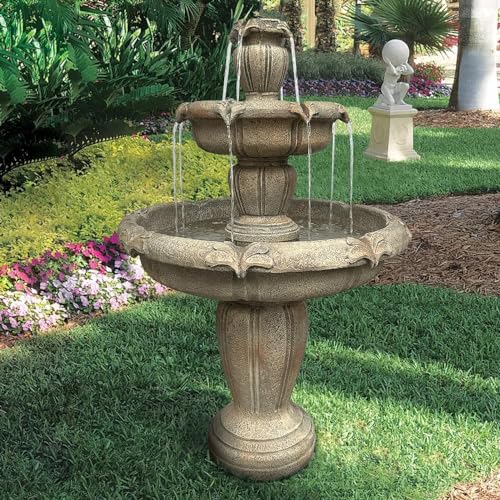 48” H Outdoor Floor Water Fountain, 3-Tiers Concrete Water Fountain with Submersible Electric Pump - Garden Cascading Waterfall for Yard Patio Lawn Home Decor