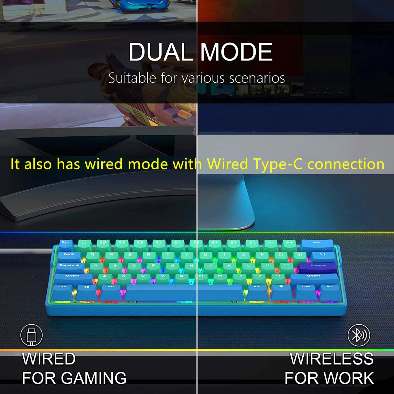 BOYI Hot swappable 60 Percent Keyboard,Cherry MX Switch Wireless 5.0/Type-C Wired Dual Mode PBT Keycaps Mini Mechanical Gaming Keyboard (Cherry Mechanical Blue Switch)
