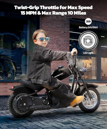 ELEMARA Electric Dirt Bike, 15 mph & 150lb Max, 24V Ride on Toy for Big Kids w/LED Lights & Power Display, Chain-Driven Motor, Twist-Grip Throttle, Shock Springs, Handbrake, 12" Air-Filled Tires-Black