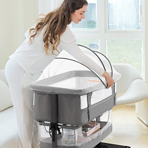Ihoming Baby Bassinet Bedside Sleeper, 3 in 1 Convertible Design, lnfant Bed & Bed Side Sleeper & Cradle Bassinets, Newborn Bedside Crib Attaches to Bed, Pink