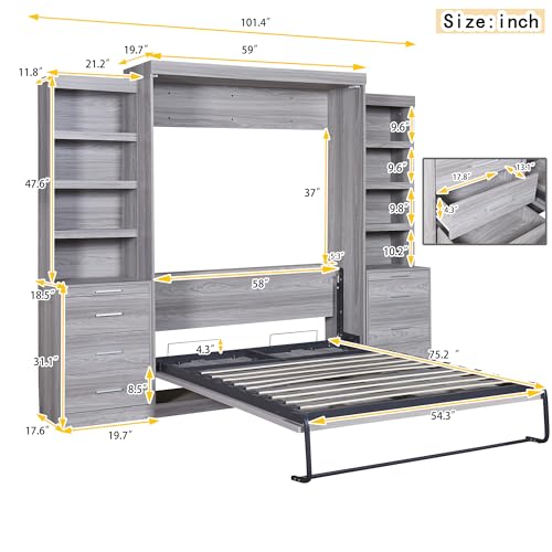 Solid Wood Full Size Murphy Bed Wall Bed with Shelves, Modern Murphy Bed Chest Cabinet Bed Closet Bed Platform Bed for Guest Room Home Office, Space-Saving Design (Grey-FL4)