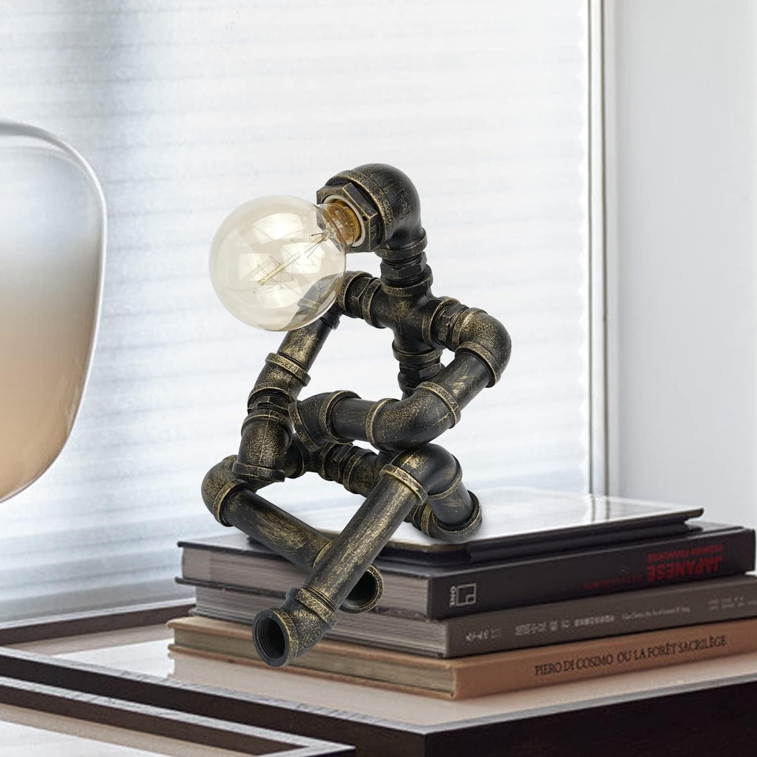 Industrial Robot Lamp Steampunk Table Lamp, Bronze Iron Pipe lamp with Button Switch, Unique Design Retro Decoration Collection for Bedroom Nightstand Bathroom Restaurant Cafe Bar