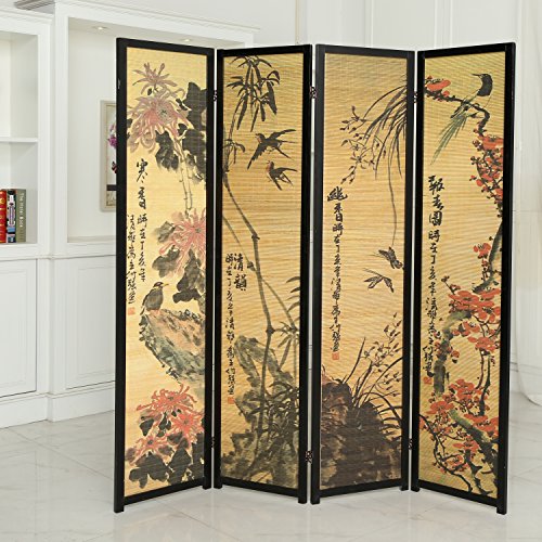 MyGift 4-Panel Folding Bamboo Room Divider Asian-Inspired Cherry Blossom Scene, 6 FT Freestanding Floral Artwork Room Partitioner with Beige Wood Frame