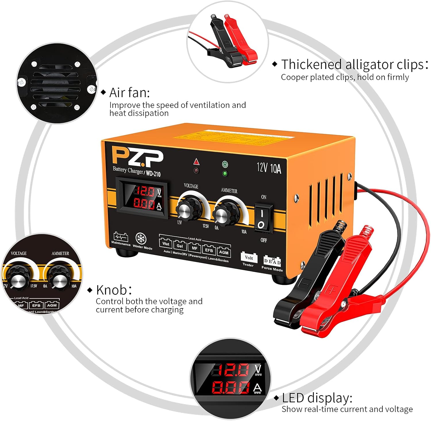 12 Volt Manual Battery Charger Automotive 12v/10a Smart Battery Charger for Marine Boat Battery Trickle Charger 10A with Adjustable Current and Voltage Professional Battery Maintainer by PZ.P
