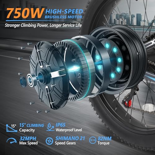 PEXMOR Electric Bike for Adults, 750W(Peak 1000W) 30MPH | Full Suspension Ebike, 60+ Miles 48V 12AH Removable Battery, 26" Fat Tire Foldable Mountain Commuter Electric Bicycle 21 Speed, UL2849