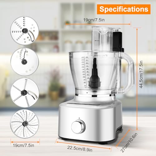 Homtone 16 Cup Food Processor, Aluminum-Diecast Blender and Food Processor Combo, 5 Preset Modes Vegetable Chopper Electric, 8 Blades 11 Functions for Home Use, Stepless Speed Control, 650W, Sliver