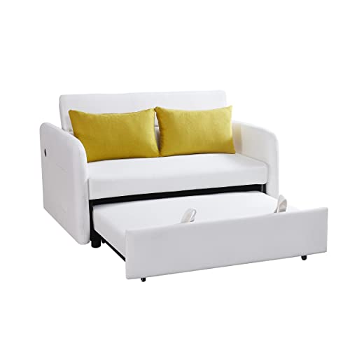 Upholstered 2 Seaters Futon Sofa Loveseat with Adjustable Backrest Convertible Sleeper Couch Bed for Small Space Apartment Office Living Room Velvet Tufted Twin XL W/Pillows,Side Pockets & USB Port