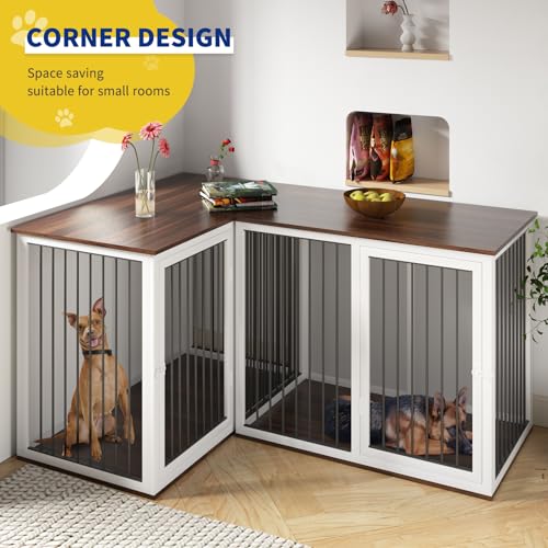Dog Crate Furniture for 2 Dogs, 79.1" Large Dog Kennel Furniture with Dividers and Double Doors, All Steel Frame Double Dog Crate, 41.7" L X 22" W X 30.3" H, 37.4" L X 22" W X 30.3" H (Black Gray)