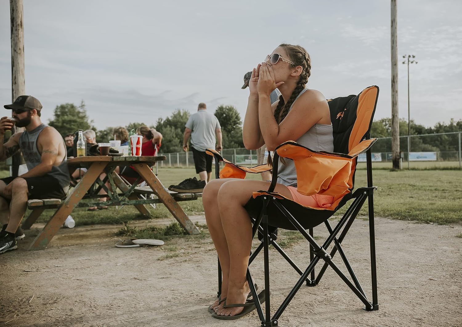 4Tek - Heated Chair - Portable Chair Perfect for Outdoor Camping, Sports, Beach, Lawn and Picnics | Orange & Black | Large Seat - Includes Battery Power Bank