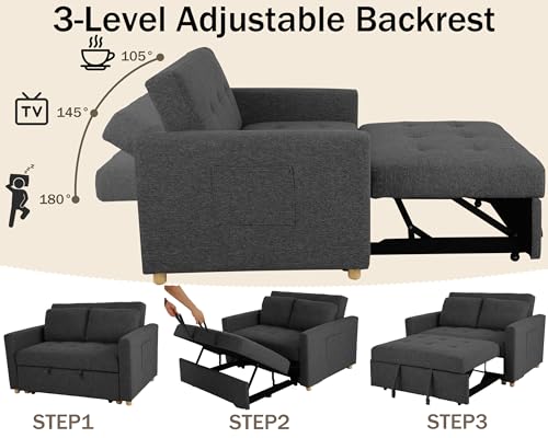 Sleeper Sofa, 3-in-1 Convertible Pull Out Couch Bed Futon Sofa, Linen Fabric Loveseat with 2 Pillows Adjustable Backrest, Chaise Lounge for Small Spaces Apartment Dorm, Sky Blue