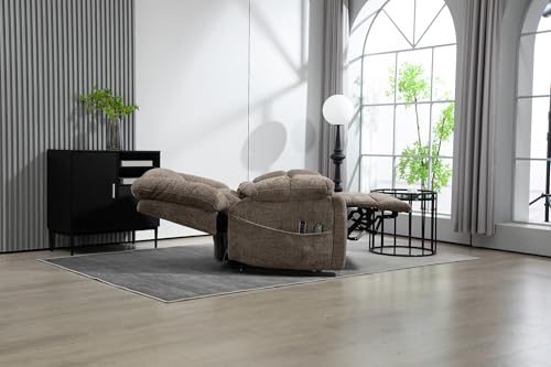 Light Grey Recliner Chair for Elderly | Tall and Big Man 400lbs | Chenille | Power Lift, Lay Flat, Stand Up, Wireless Charging Device, Extended Footrest, Massage Heat, Cup Holder, Lumbar Pillow