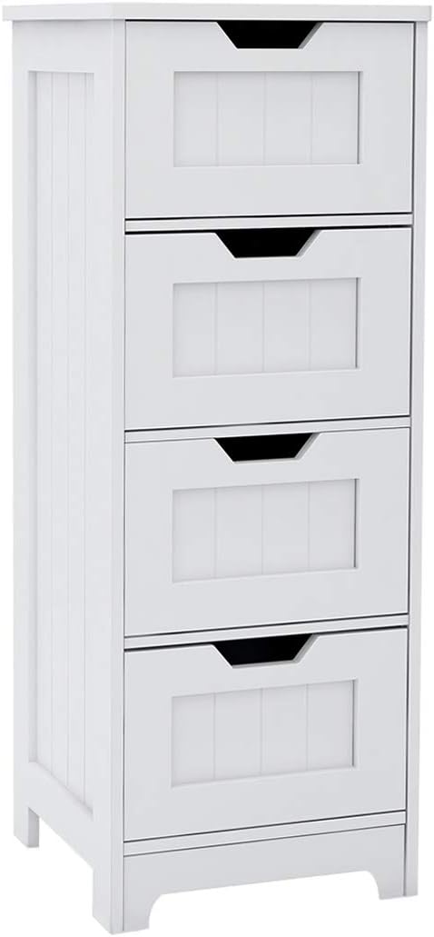 Bathroom Floor Cabinet RASOO White Freestanding Storage Organizer Cabinet with 4 Drawers for Bathroom, Living Room, Kitchen, 11.81x11.81x32.68(LxWxH)