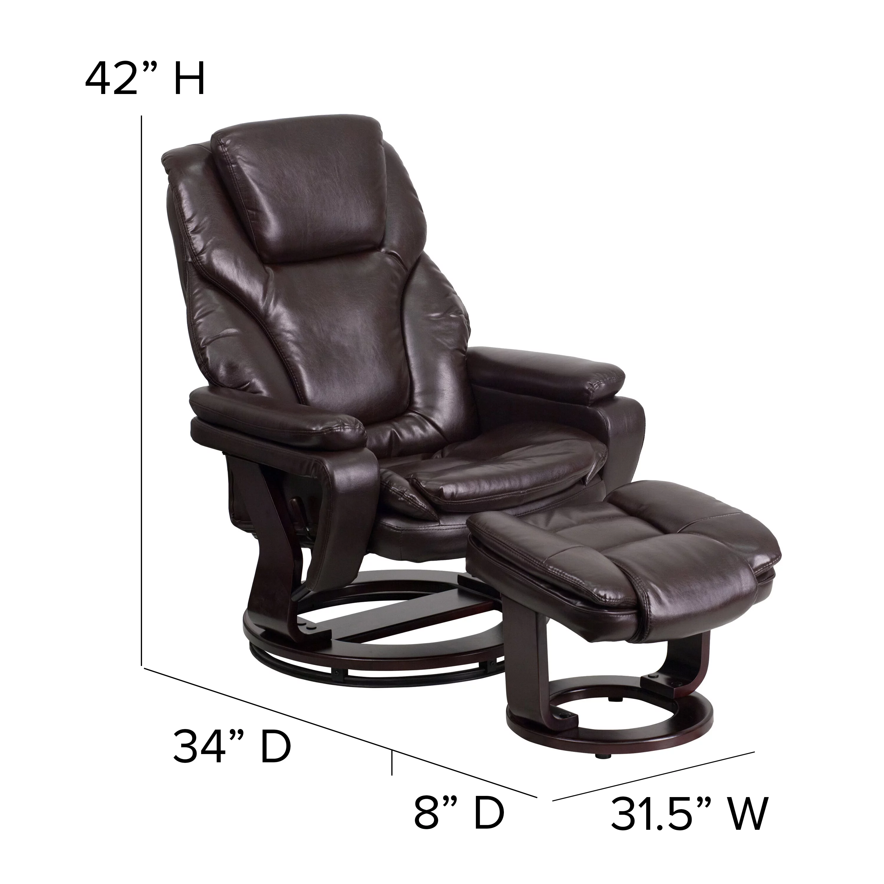 BizChair Contemporary Multi-Position Recliner and Ottoman with Swivel Mahogany Wood Base in Brown LeatherSoft