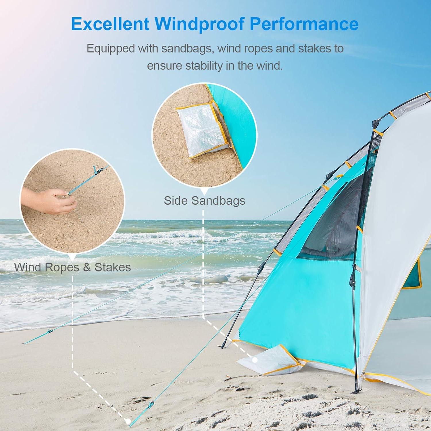 WolfWise 3-4 Person Easy Up Beach Tent UPF 50+ Portable Instant Sun Shelter Canopy Umbrella with Extended Zippered Porch