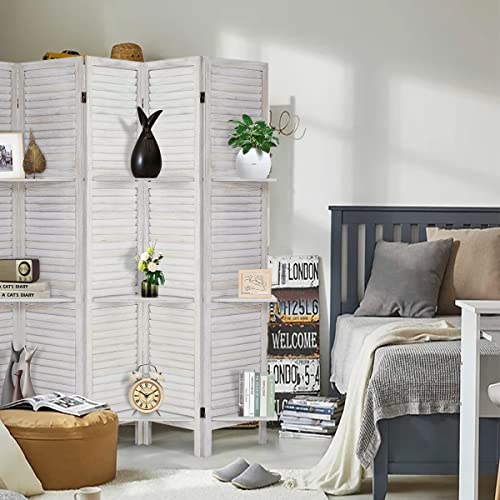 Room Divider with Shelves, Privacy Screen, Room Dividers and Folding Privacy Screens, 5 Panel Wood Temporary Wall Partition Separation Separator, Coconut