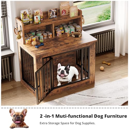 IRONCK Extra Large Dog Crate Furniture, 43.3 inches Wooden Dog Crate with Storage and 4 Hooks, Heavy Duty Pet Crate for Large Dog, Decorative Pet Cage for Indoor (30" L x 43.3" W x 41.1" H)