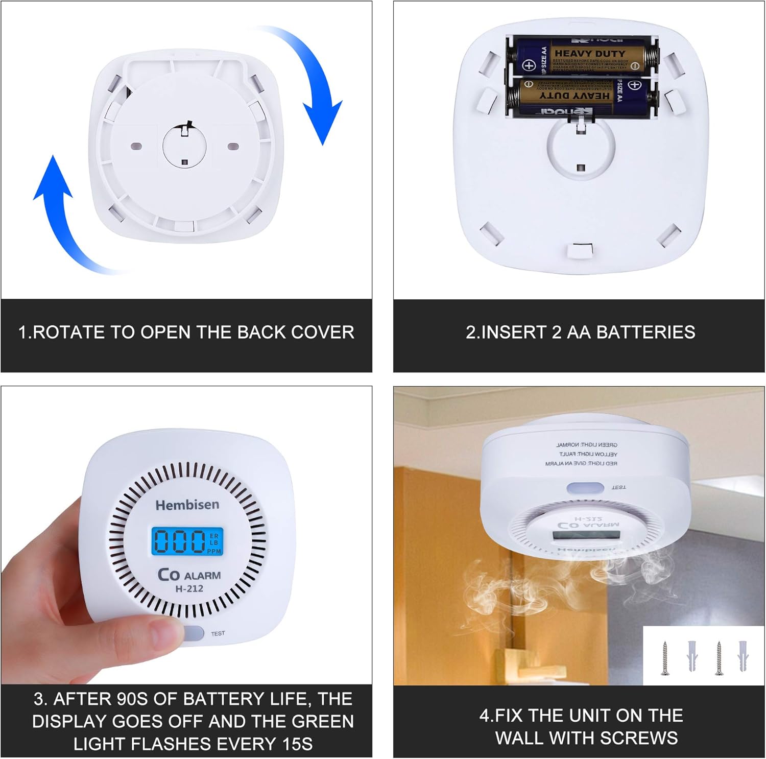 Hembisen Carbon Monoxide Detectors Alarm 3 Pack Co Detector Battery Powered with Digital Display for Home,Easy to Install,UL2034