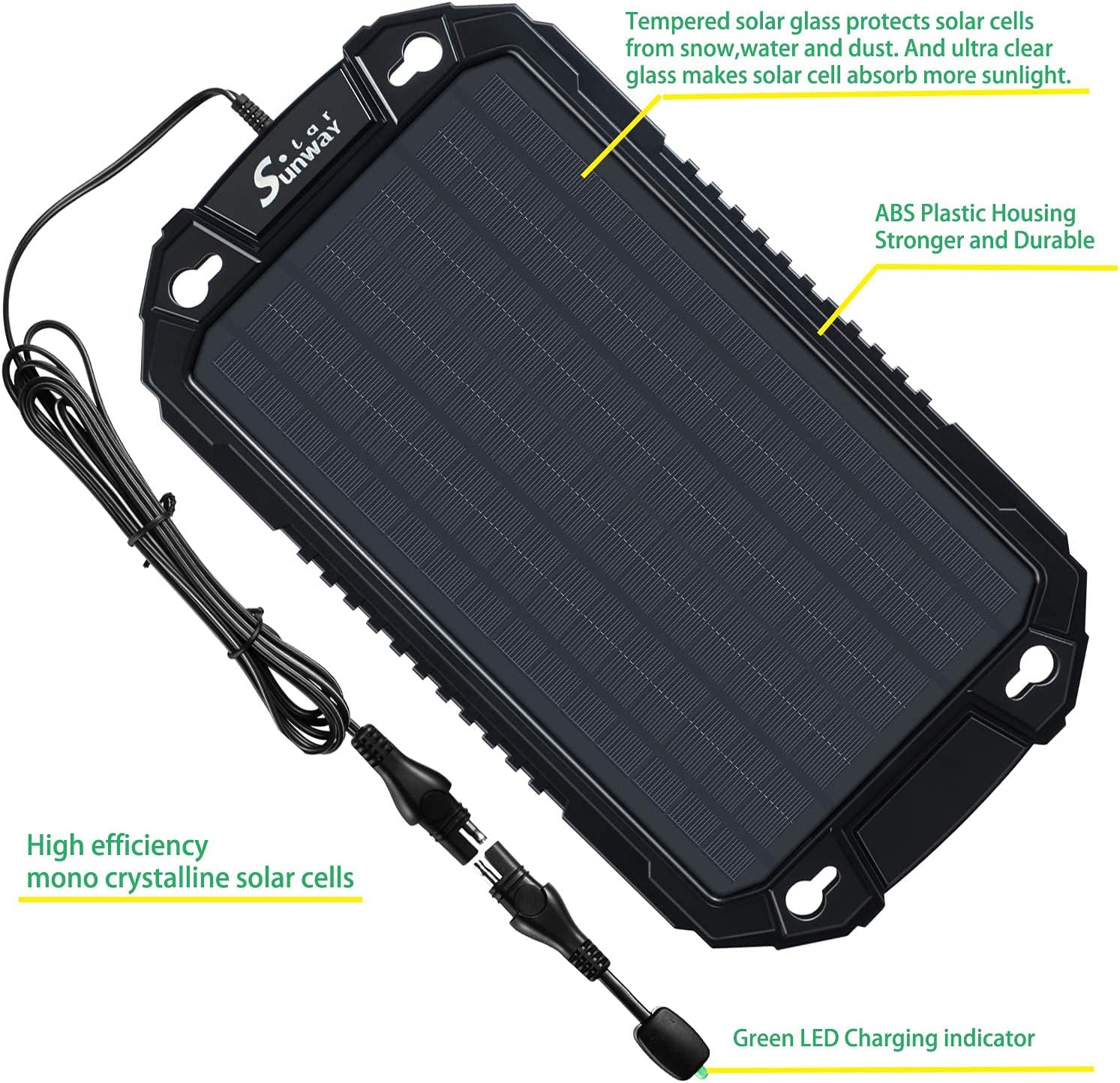 Sunway Solar Car Battery Trickle Charger & Maintainer 12Volt 8W Solar Panel Power Charger kit Portable Waterproof for Automotive RV Marine Boat Truck Motorcycle Trailer Tractor Powersports Snowmobile