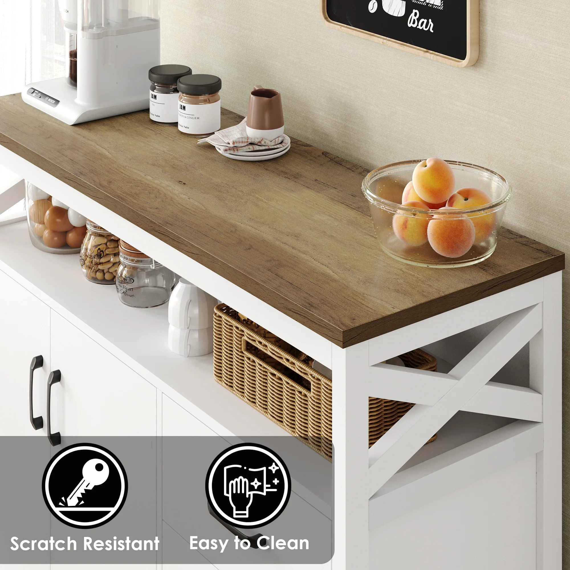 Homfa 47.2"W Kitchen Sideboard with Hutch, 3 Drawer Buffet Cabinet with 2 Doors for Dining Room, White - Curated Treasures Market