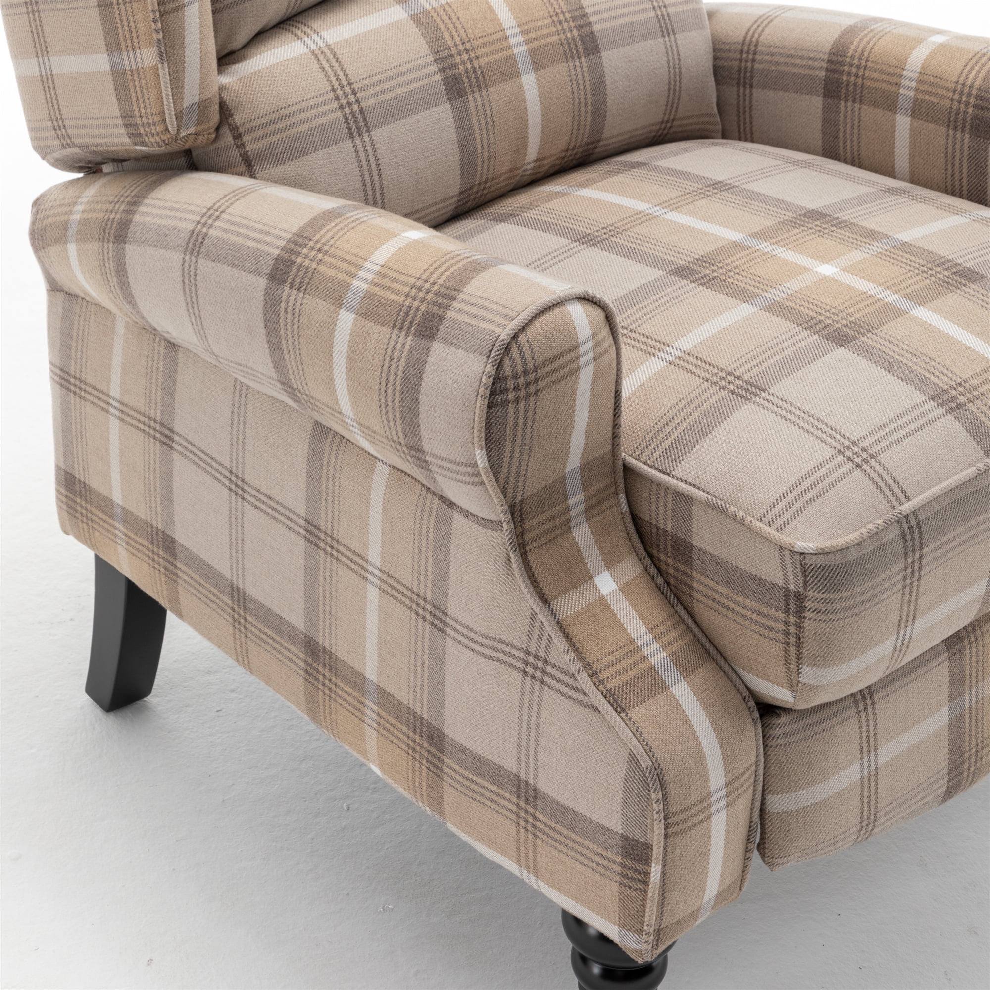 Upholstered Wingback Recliner Chair, Plaid Recliner Chair Armchair Adjustable Footrest Push Back Reclining Sofa, Mid Century Modern Lounge Armchair for Living Room, Bedroom, Reading -- Natural