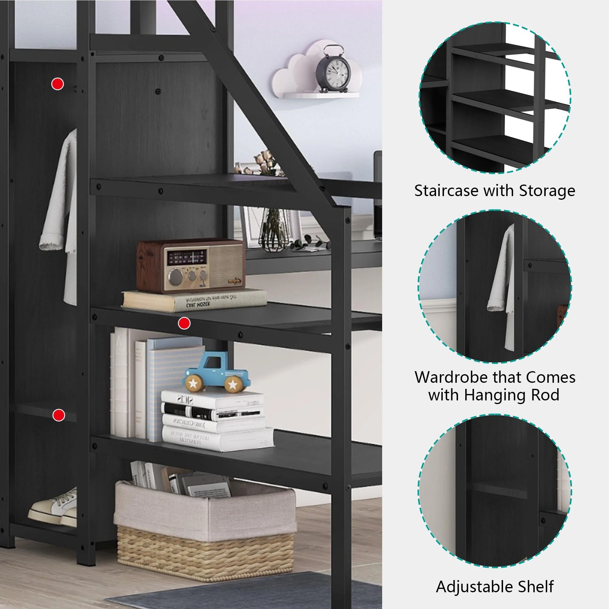 Full Size Loft Bed with Desk and Stairs, Metal Loft Bed Frame with Wardrobe and USB Charging Station, High Loft Bed with LED Light for Kids Teens Adults-Black