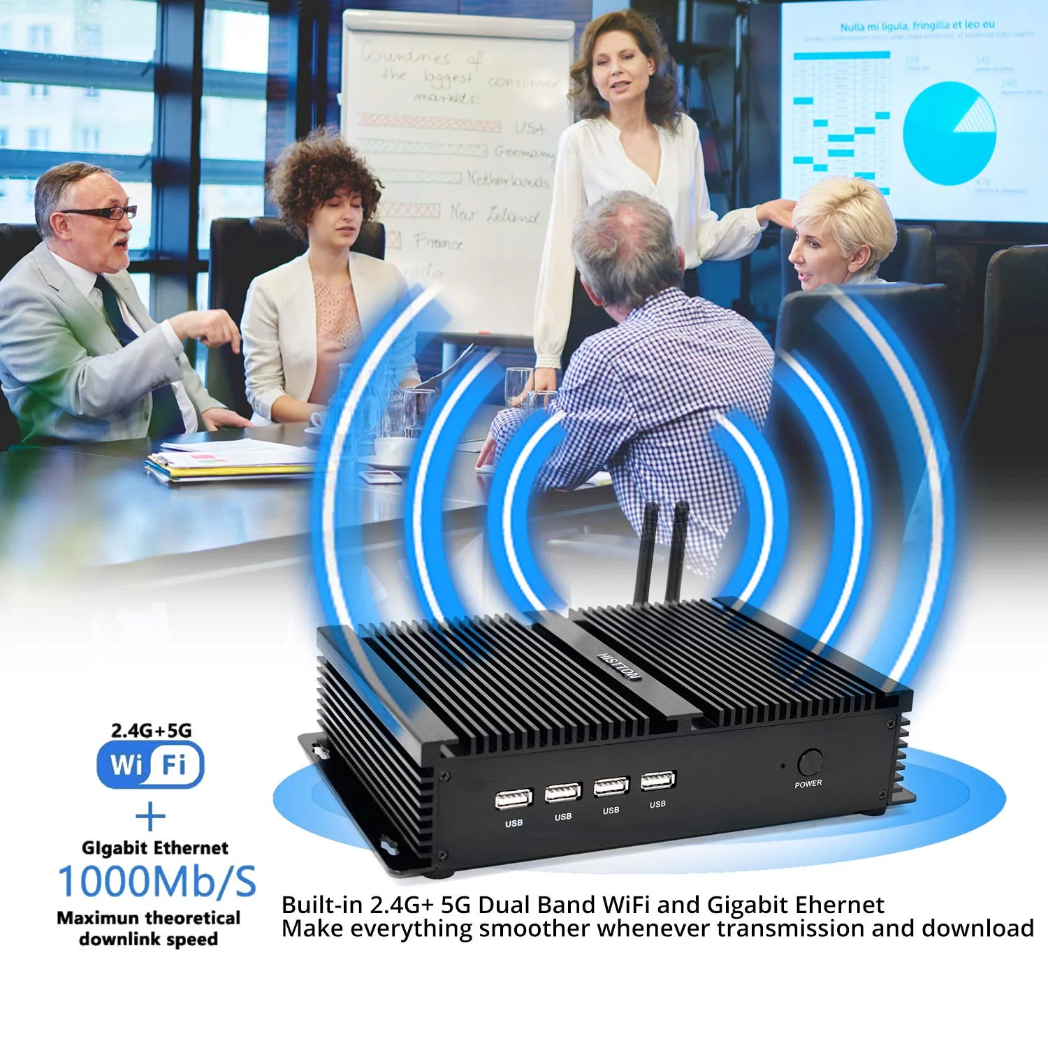 HISTTON Fanless Mini PC Desktop PC Industrial Mini pc Windows 10 64bit Desktop Full 4K HD Smart Mini PC Intel Core i5 Processor 8GB+512GB / 4K / 1000Mbps LAN/HDMI/VGA/WiFi
