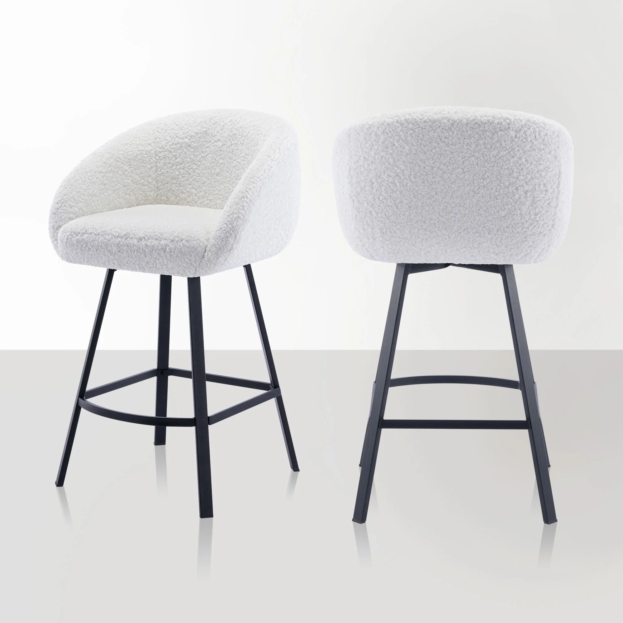 Zesthouse 25.6" Counter Height Swivel Bar Stools Set of 2, Sherpa Barrel Bar Stools with Backs, Modern Boucle Counter Stools for Pub Kitchen Island, White